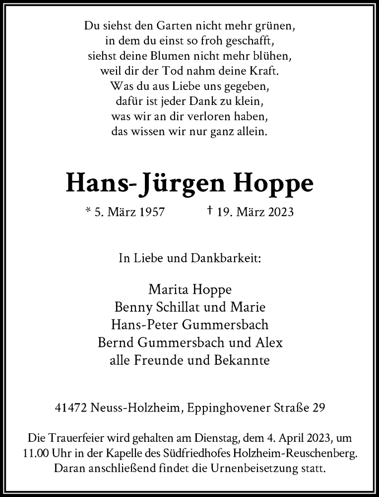  Traueranzeige für Hans-Jürgen Hoppe vom 01.04.2023 aus Rheinische Post
