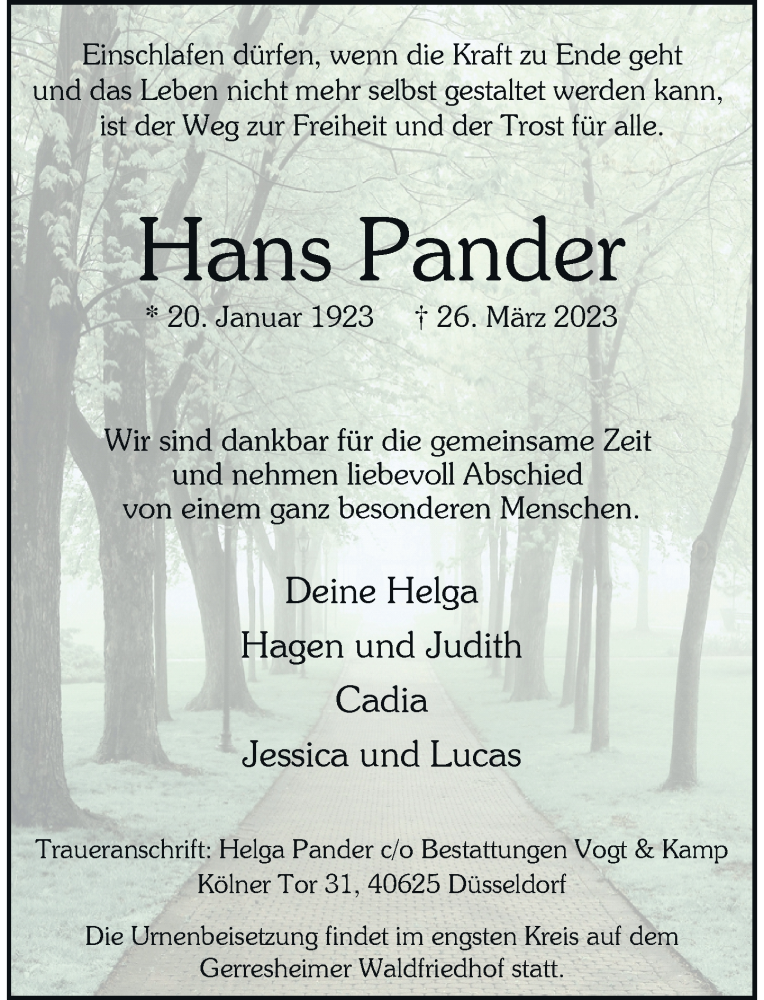  Traueranzeige für Hans Pander vom 15.04.2023 aus Rheinische Post