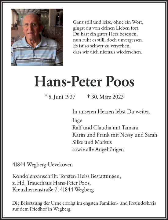 Traueranzeige von Hans-Peter Poos von Rheinische Post