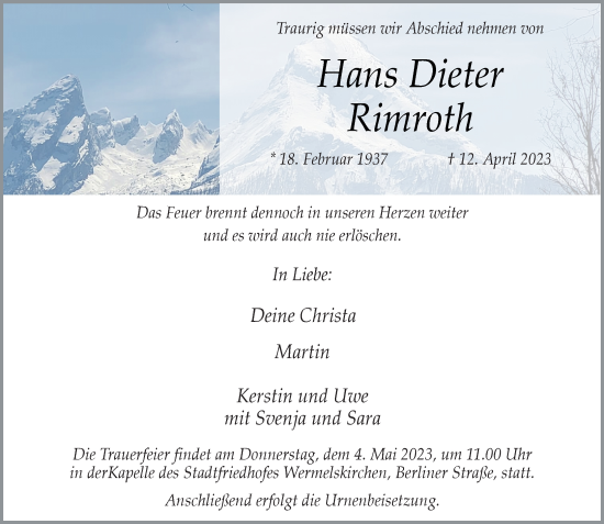 Traueranzeige von Hans Dieter  Rimroth von Rheinische Post