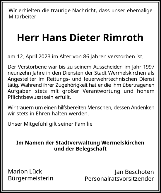 Traueranzeige von Hans Dieter  Rimroth von Rheinische Post