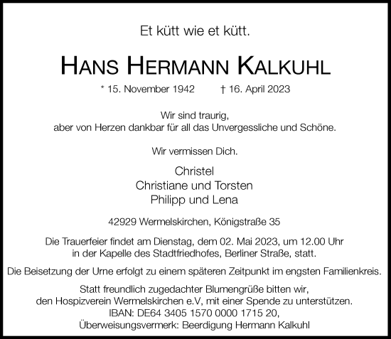 Traueranzeige von Hans Hermann Kalkuhl von Rheinische Post