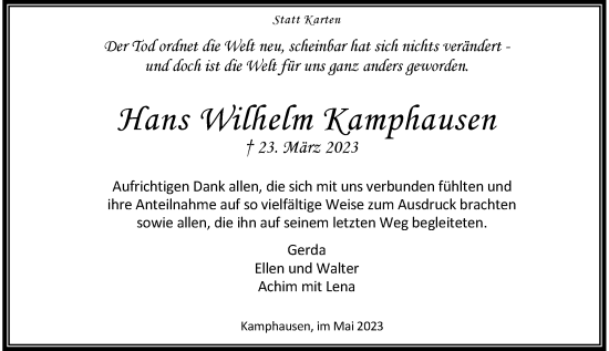 Traueranzeige von Hans Wilhelm Kamphausen von Rheinische Post