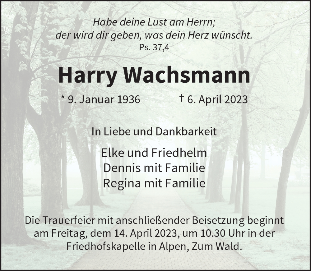  Traueranzeige für Harry Wachsmann vom 12.04.2023 aus Rheinische Post