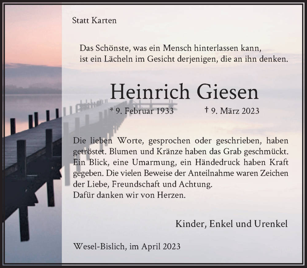  Traueranzeige für Heinrich Giesen vom 22.04.2023 aus Rheinische Post