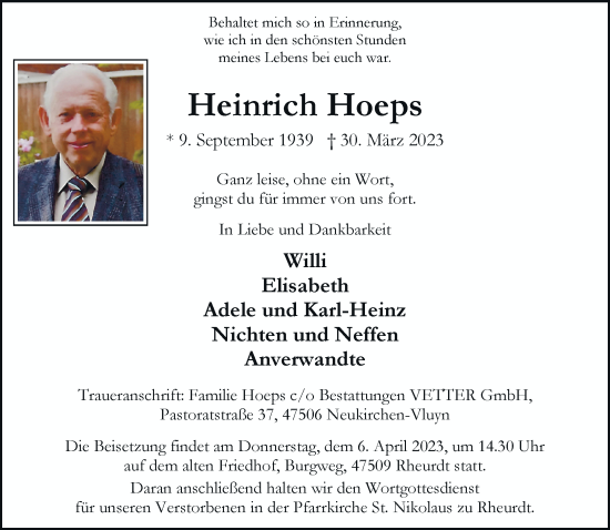Traueranzeige von Heinrich Hoeps von Rheinische Post