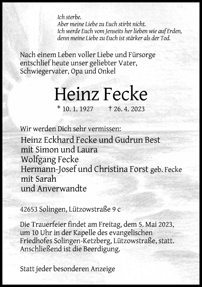  Traueranzeige für Heinz Fecke vom 29.04.2023 aus Rheinische Post