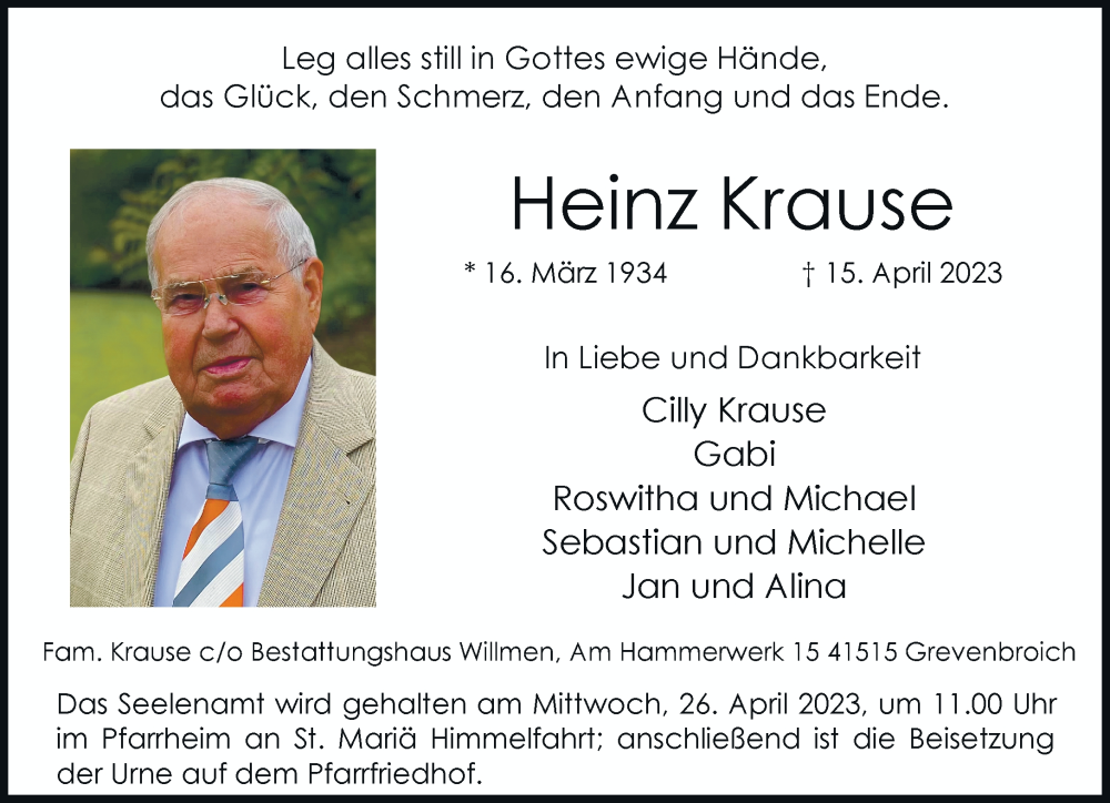  Traueranzeige für Heinz Krause vom 22.04.2023 aus Rheinische Post