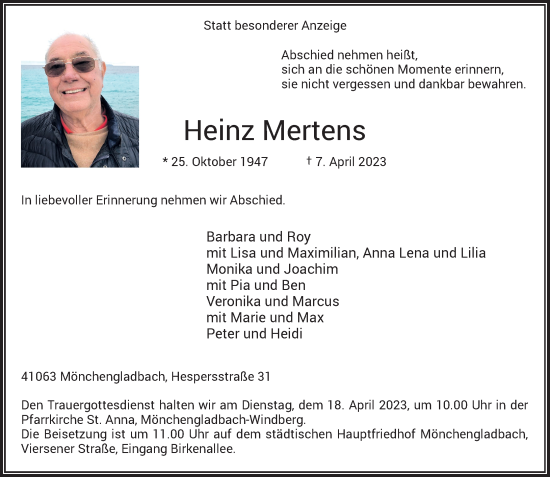 Traueranzeige von Heinz Mertens von Rheinische Post