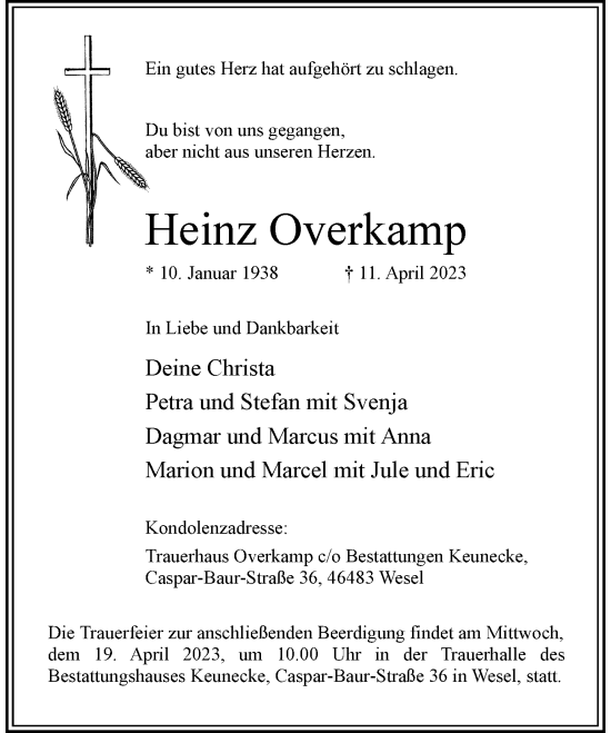 Alle Traueranzeigen Für Heinz Overkamp | Trauer.rp-online.de