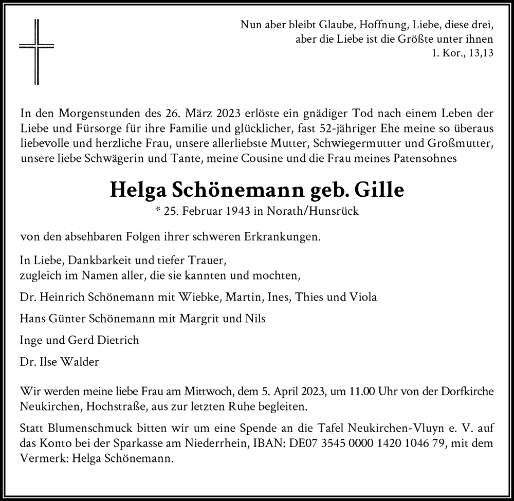  Traueranzeige für Helga Schönemann vom 01.04.2023 aus Rheinische Post