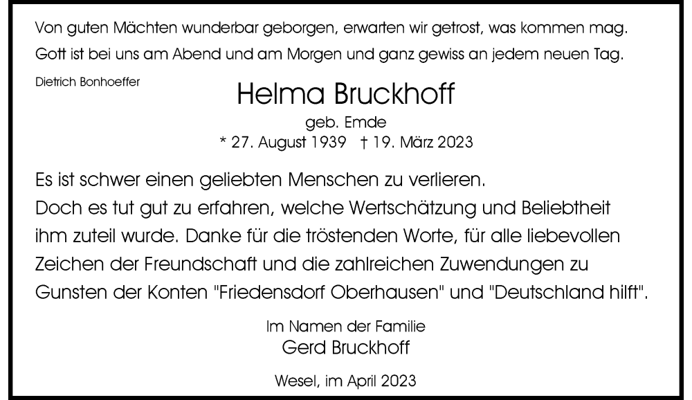  Traueranzeige für Helma Bruckhoff vom 22.04.2023 aus Rheinische Post
