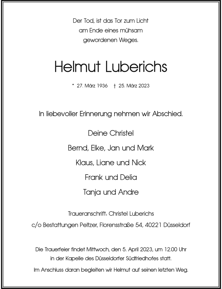  Traueranzeige für Helmut Luberichs vom 01.04.2023 aus Rheinische Post