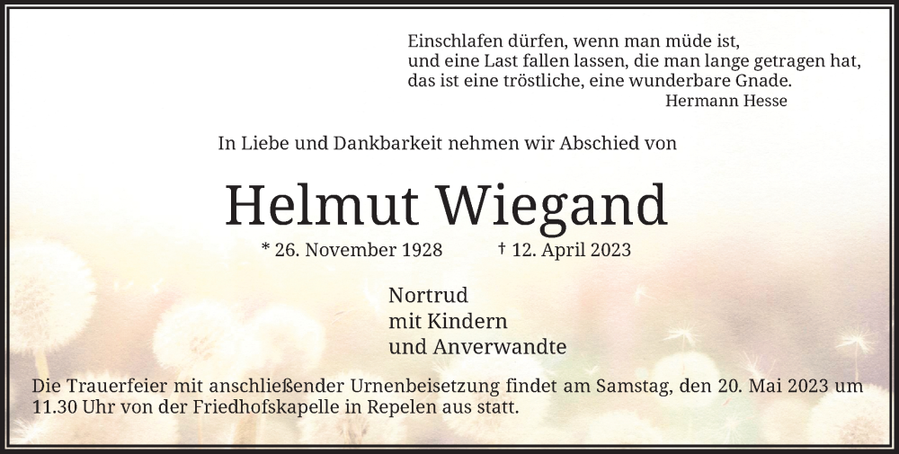  Traueranzeige für Helmut Wiegand vom 13.05.2023 aus Rheinische Post