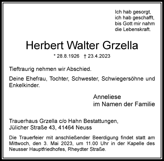 Traueranzeige von Herbert Walter Grzella von Rheinische Post