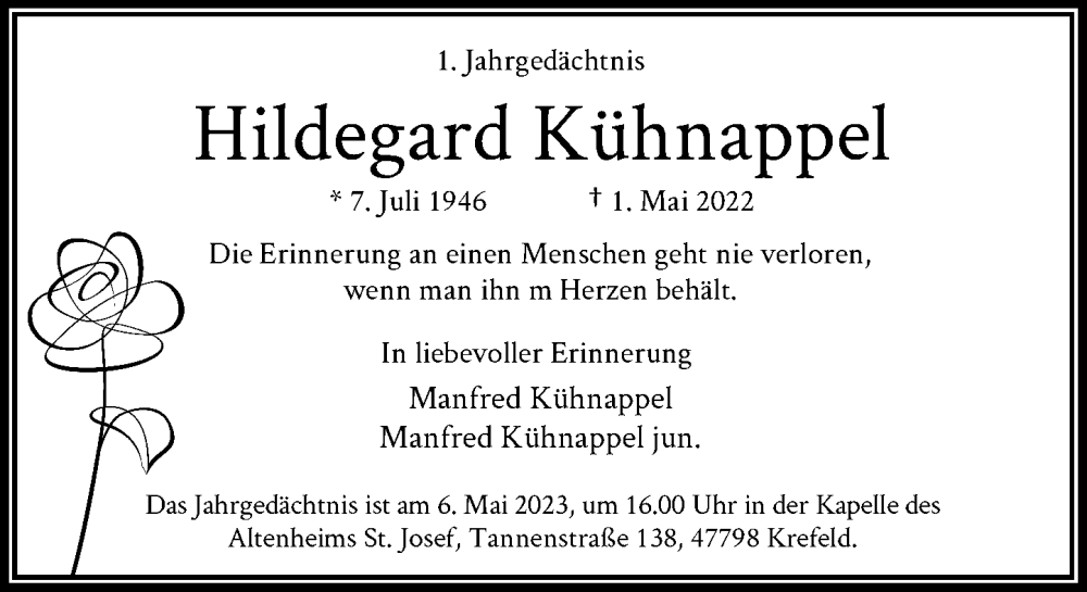  Traueranzeige für Hildegard Kühnappel vom 22.04.2023 aus Rheinische Post