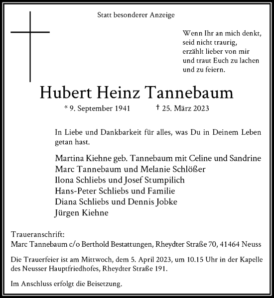 Traueranzeige von Hubert Heinz Tannebaum von Rheinische Post