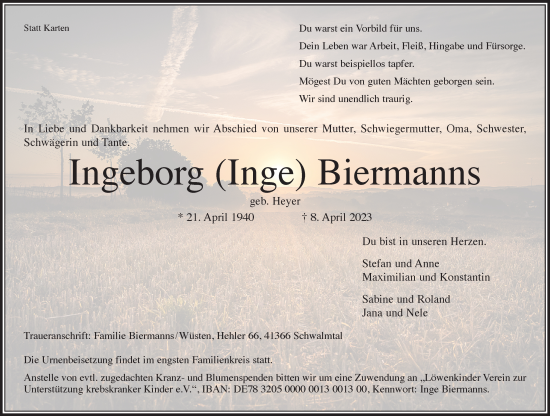 Traueranzeige von Ingeborg Biermanns von Rheinische Post