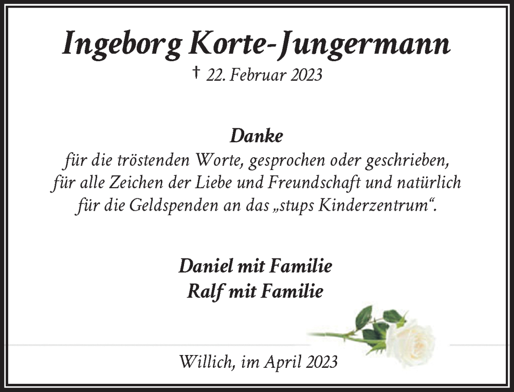  Traueranzeige für Ingeborg Korte-Jungermann vom 15.04.2023 aus Rheinische Post