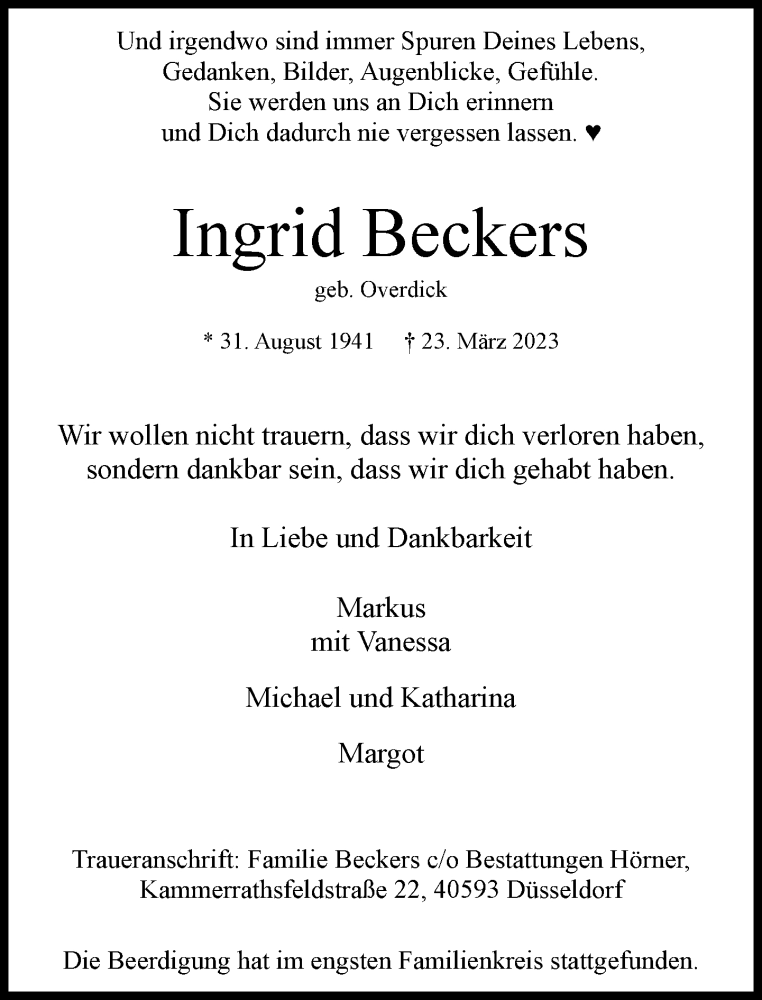  Traueranzeige für Ingrid Beckers vom 01.04.2023 aus Rheinische Post