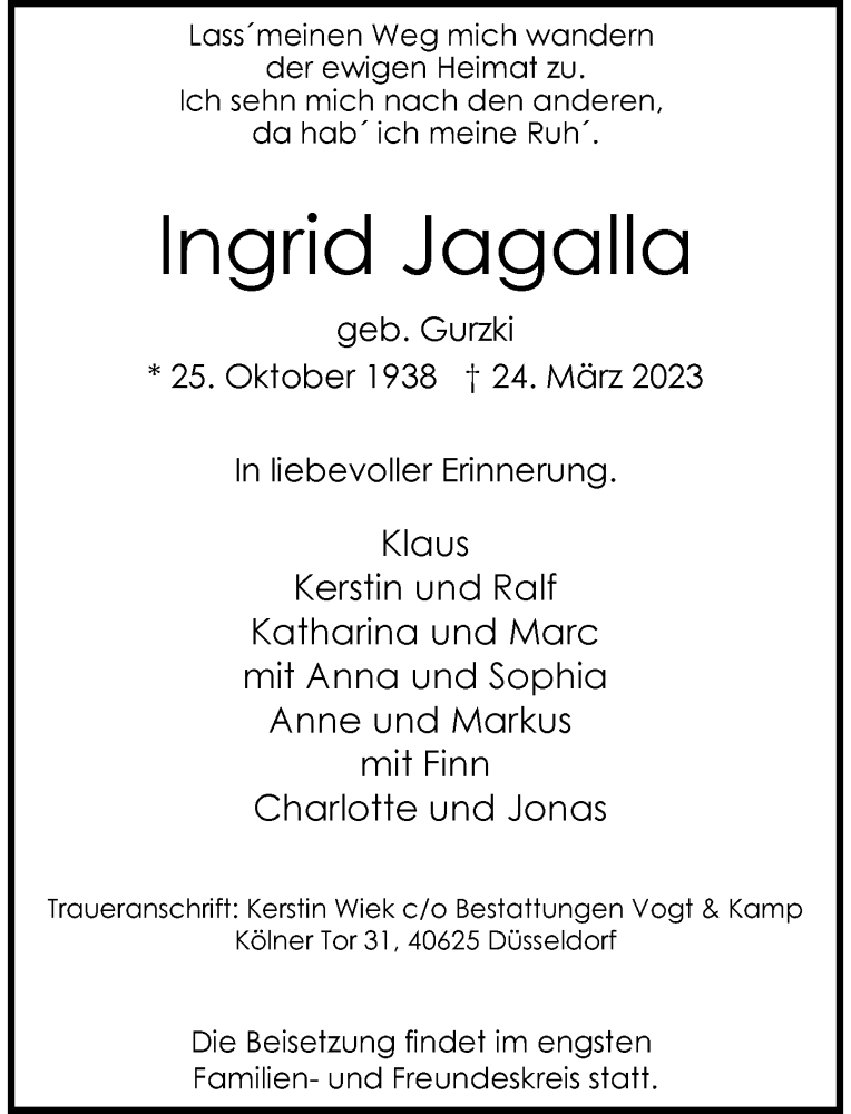  Traueranzeige für Ingrid Jagalla vom 01.04.2023 aus Rheinische Post
