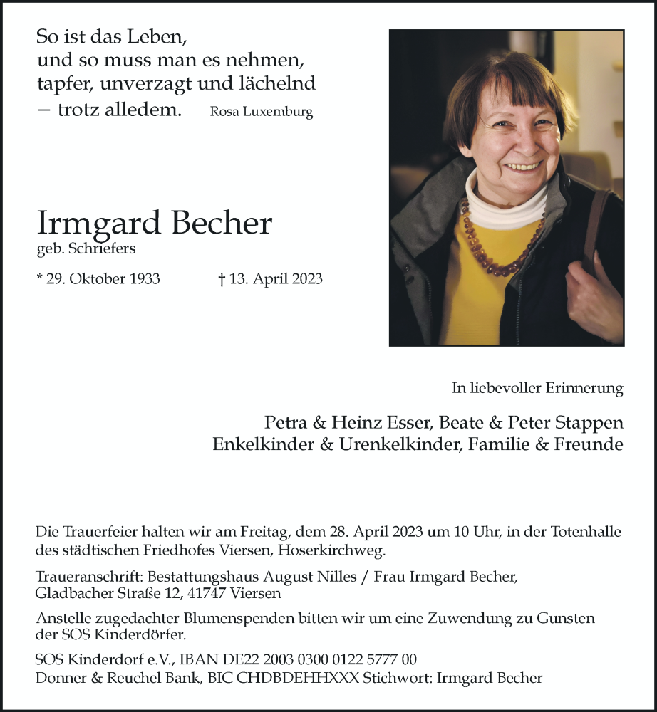  Traueranzeige für Irmgard Becher vom 22.04.2023 aus Rheinische Post