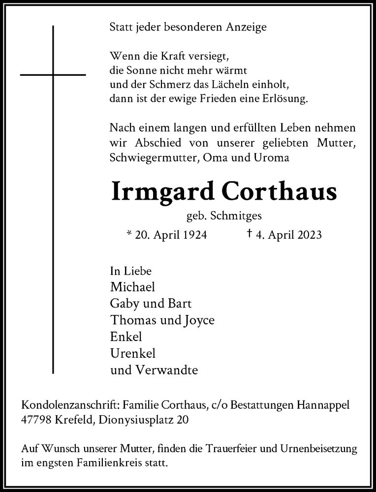  Traueranzeige für Irmgard Corthaus vom 08.04.2023 aus Rheinische Post