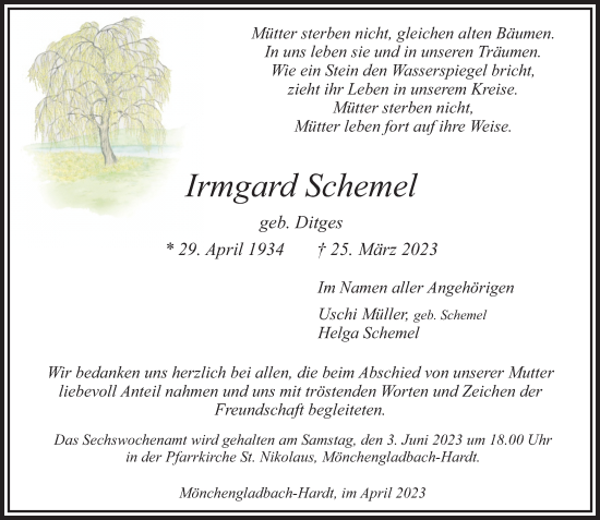 Traueranzeige von Irmgard Schemel von Rheinische Post