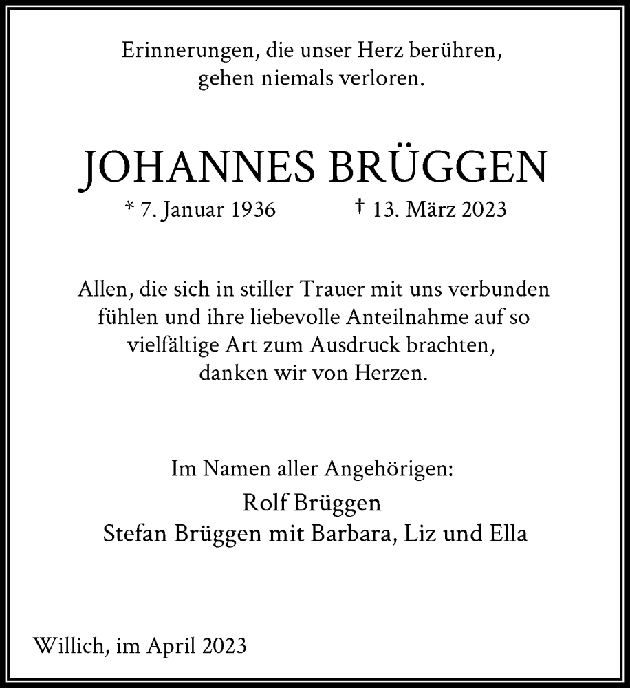  Traueranzeige für Johannes Brüggen vom 15.04.2023 aus Rheinische Post