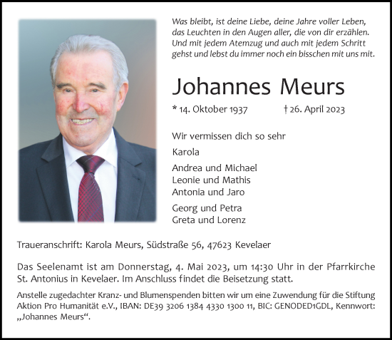 Traueranzeige von Johannes Meurs von Rheinische Post