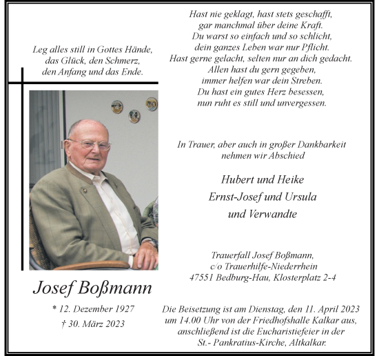Traueranzeige von Josef Boßmann von Rheinische Post