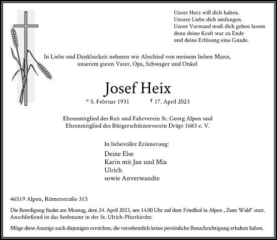 Traueranzeige von Josef Heix von Rheinische Post