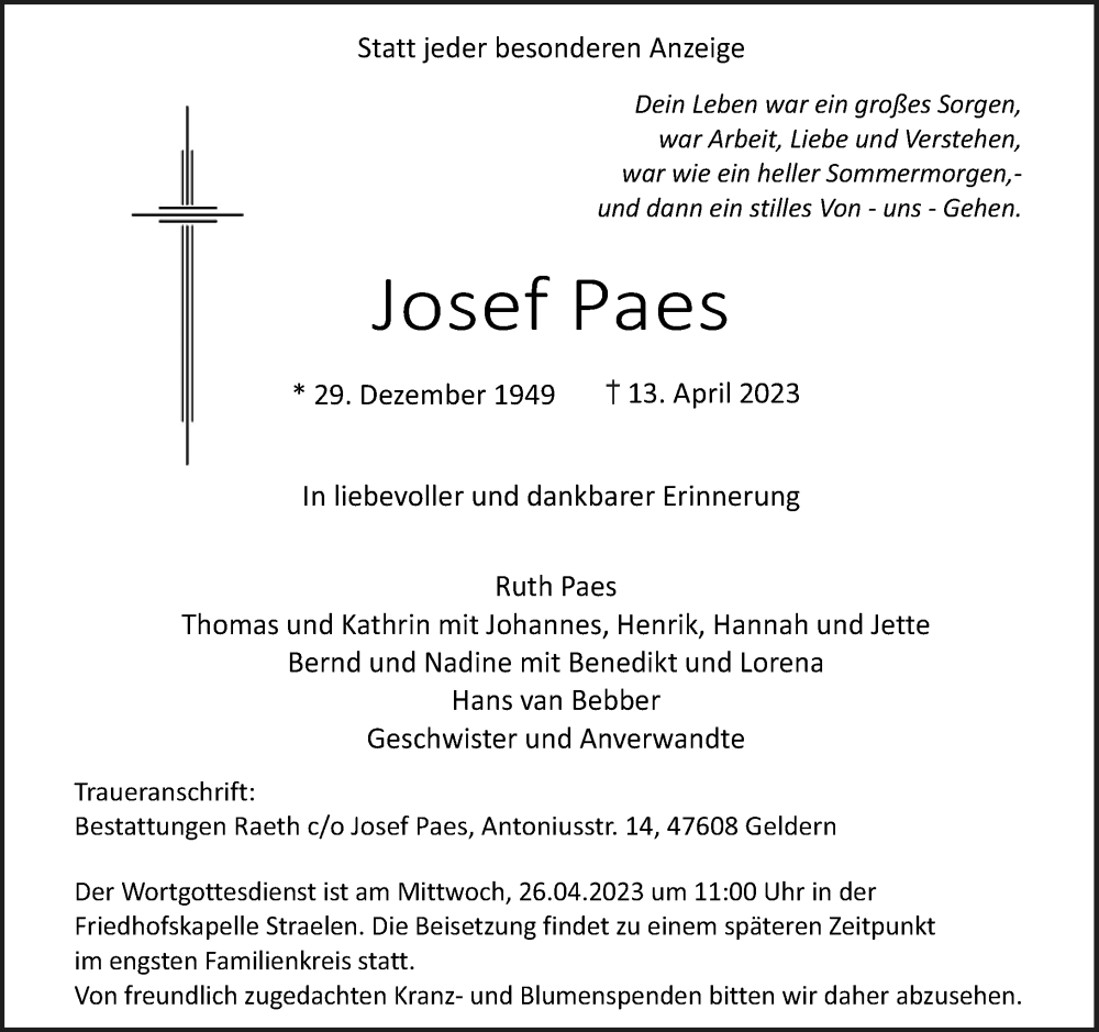  Traueranzeige für Josef Paes vom 22.04.2023 aus Rheinische Post