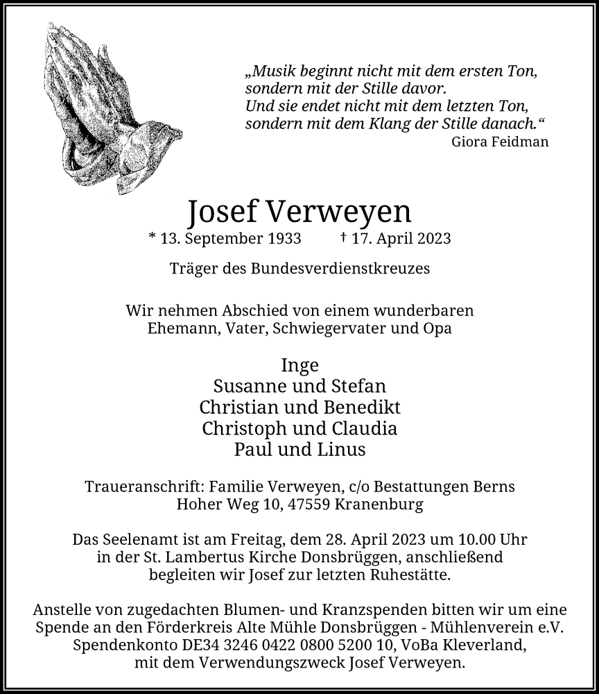  Traueranzeige für Josef Verweyen vom 22.04.2023 aus Rheinische Post