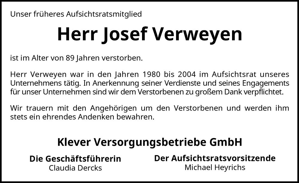  Traueranzeige für Josef Verweyen vom 26.04.2023 aus Rheinische Post