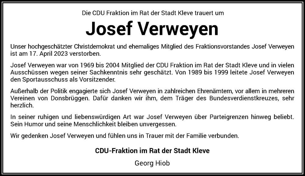  Traueranzeige für Josef Verweyen vom 29.04.2023 aus Rheinische Post