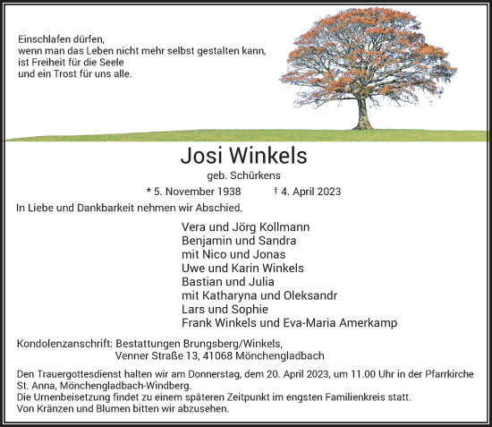 Traueranzeige von Josi Winkels von Rheinische Post