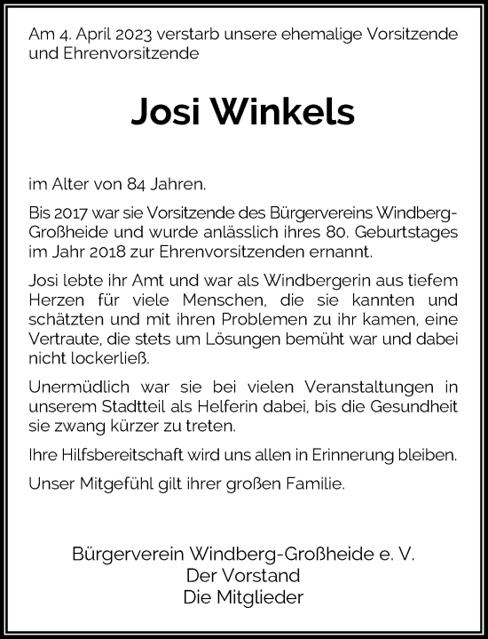 Traueranzeige von Josi Winkels von Rheinische Post