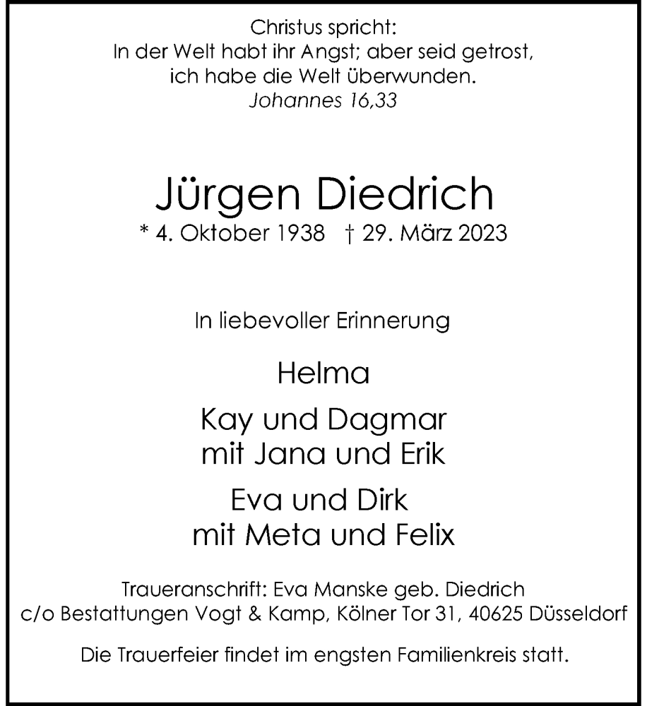  Traueranzeige für Jürgen Diedrich vom 15.04.2023 aus Rheinische Post