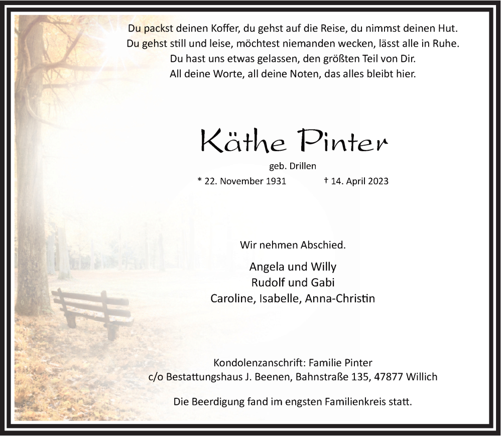  Traueranzeige für Käthe Pinter vom 22.04.2023 aus Rheinische Post