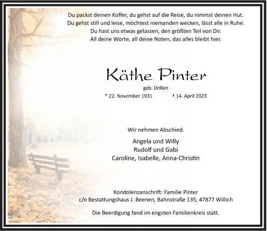 Traueranzeige von Käthe Pinter von Rheinische Post