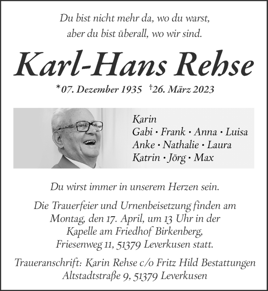 Traueranzeige von Karl-Hans Rehse von Rheinische Post