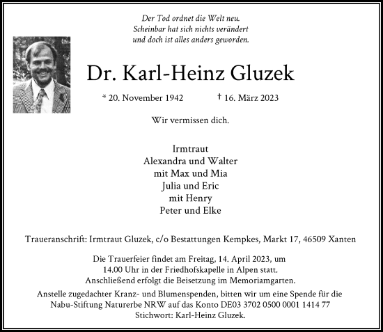 Traueranzeige von Karl-Heinz Gluzek von Rheinische Post