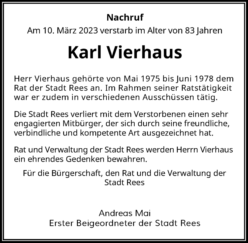  Traueranzeige für Karl Vierhaus vom 14.04.2023 aus Rheinische Post
