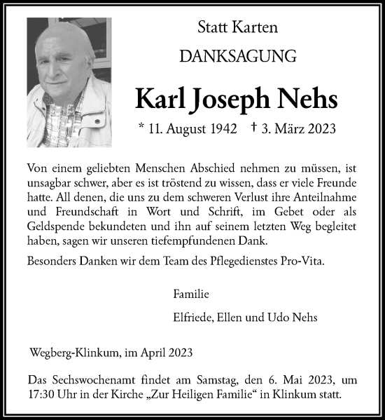 Traueranzeige von Karl Joseph Nehs von Rheinische Post