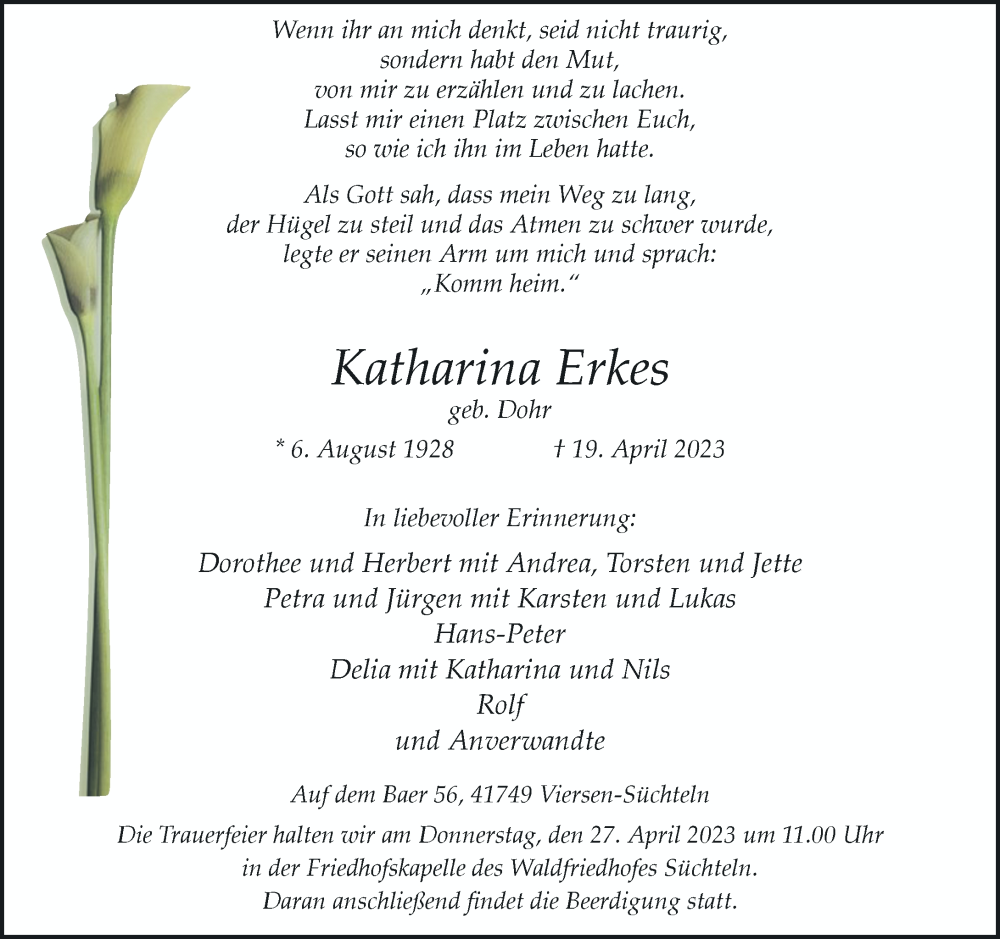  Traueranzeige für Katharina Erkes vom 22.04.2023 aus Rheinische Post