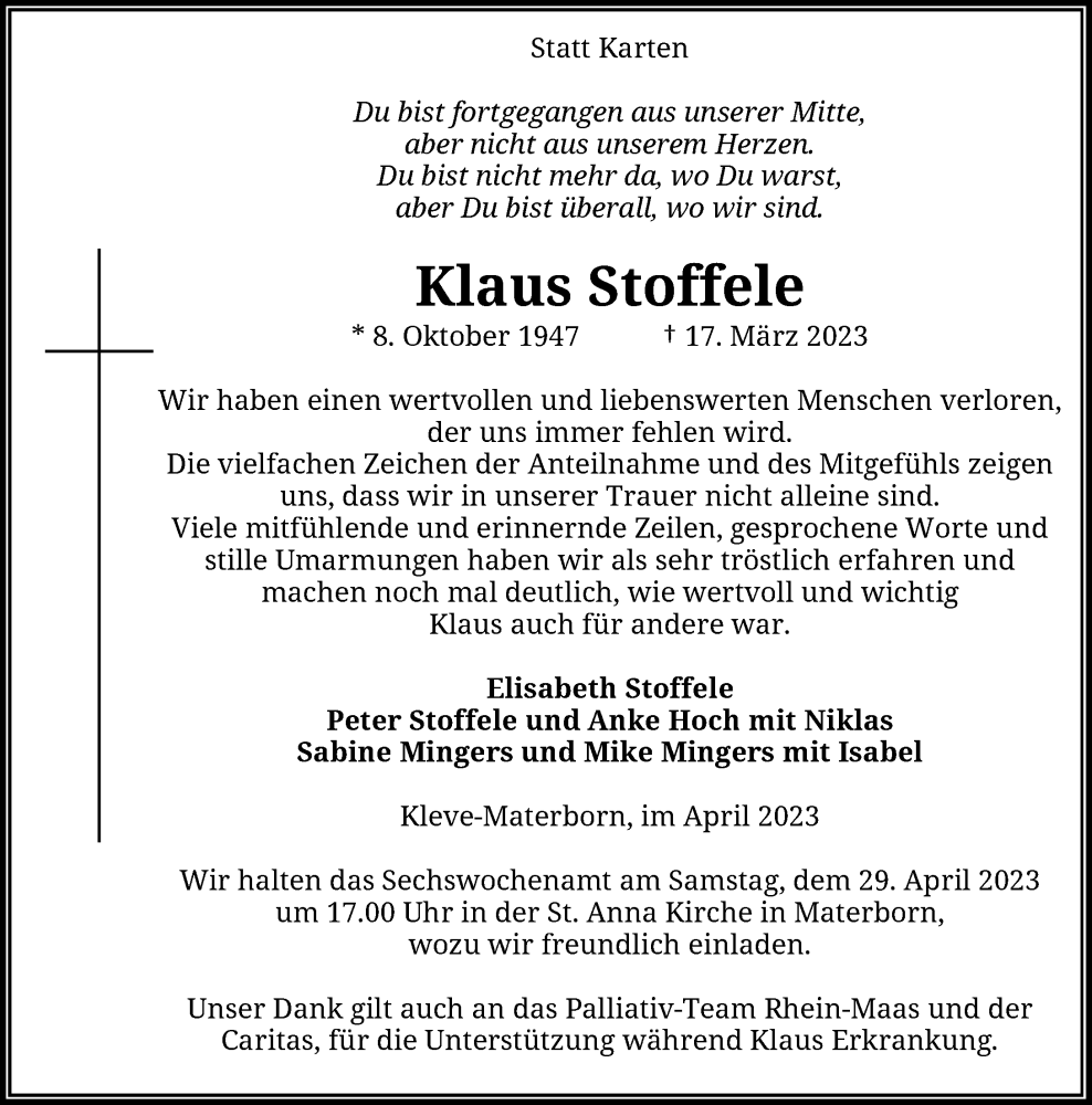  Traueranzeige für Klaus Stoffele vom 22.04.2023 aus Rheinische Post