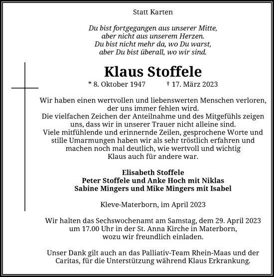 Traueranzeige von Klaus Stoffele von Rheinische Post