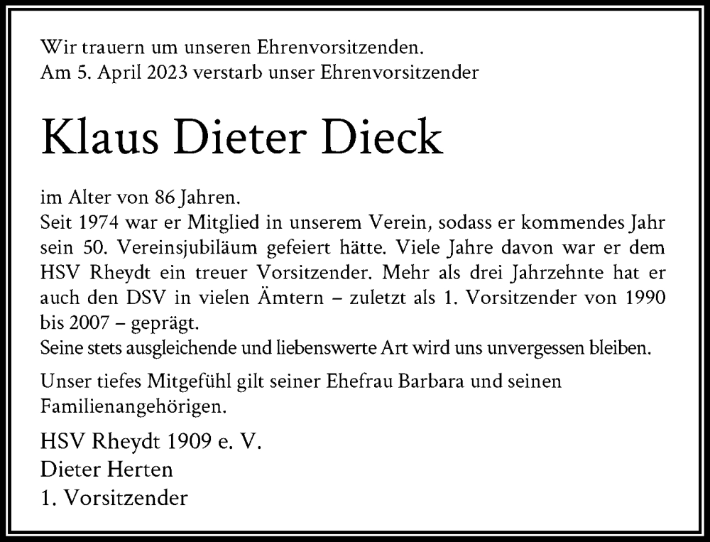  Traueranzeige für Klaus Dieter Dieck vom 22.04.2023 aus Rheinische Post