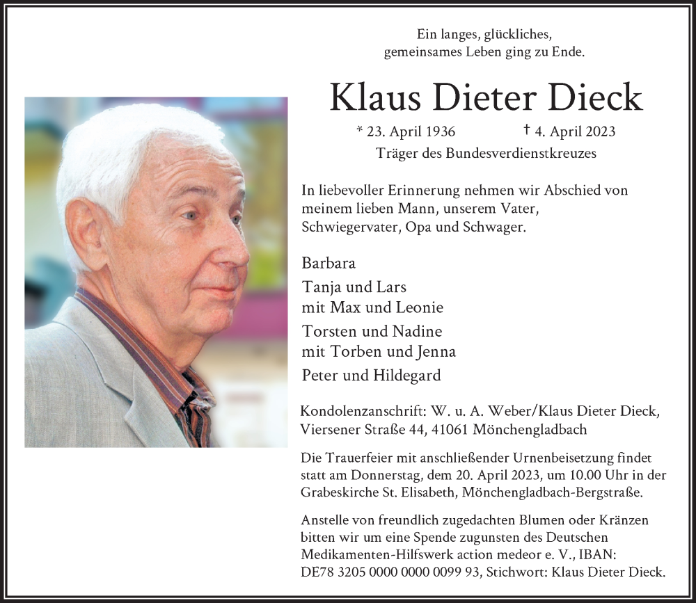  Traueranzeige für Klaus Dieter Dieck vom 15.04.2023 aus Rheinische Post